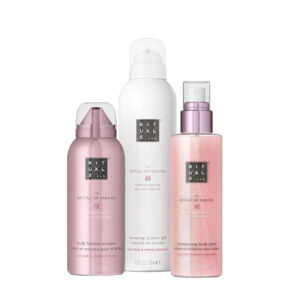 Set 3 The Ritual of Sakura Travel, Lotiune de corp Mousse 150ml, Spray de corp cu sclipici 150ml, Gel de dus spuma 200ml,